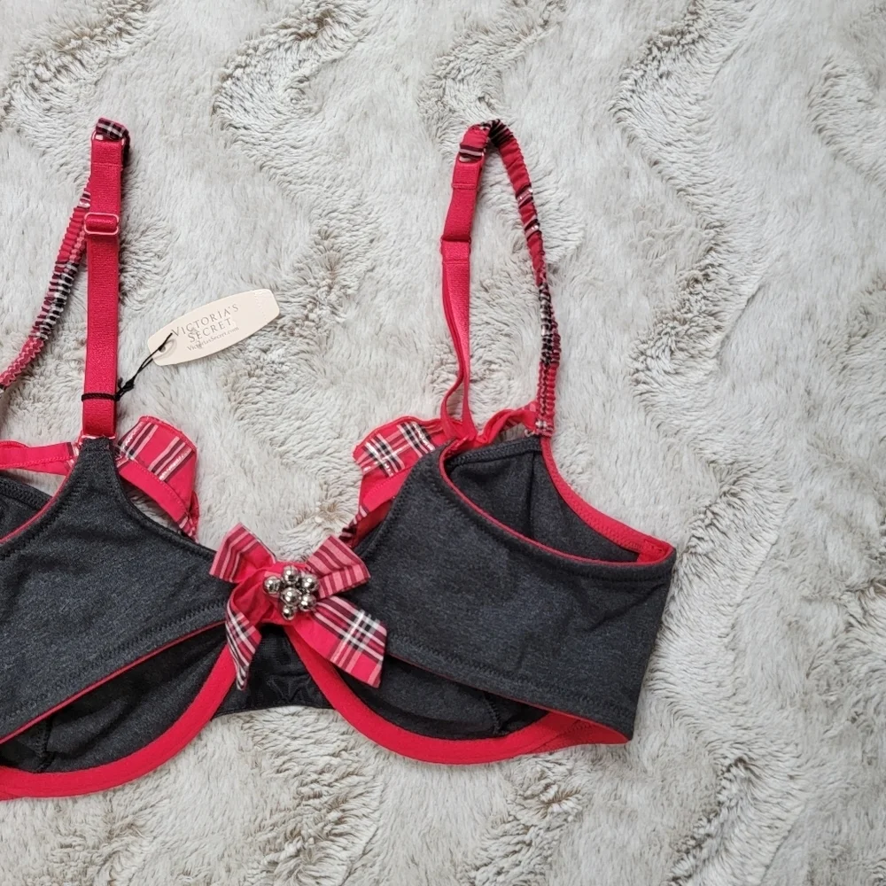 Victoria's Secret Gray Red Plaid Trim Bells Accent Unlined Demi Bra NWT Size 36D